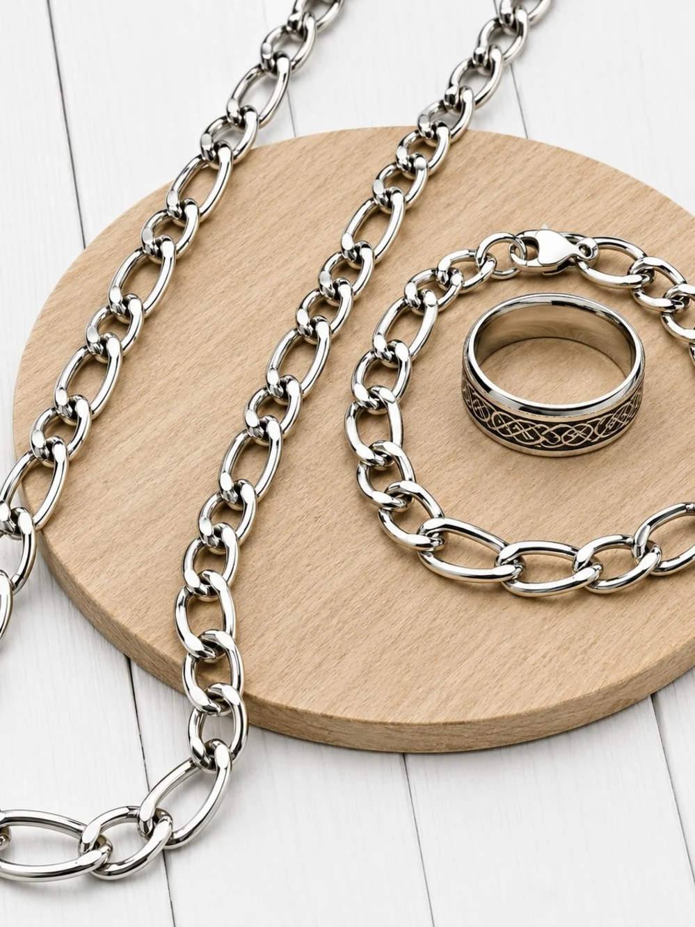 3pc Silver Men's Chain Bracelet and Tungsten Ring Set - Silver